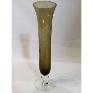 Vintage Etched Olive Green Bud Mid‎ Century Modern 8" Vase (9c2)